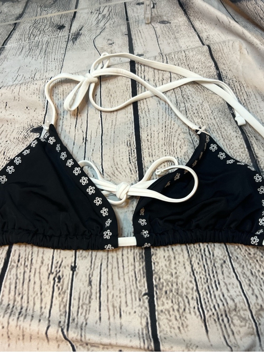 NWT! PINK : Frankie’s Bikinis- Black String Bikini Top with White Details